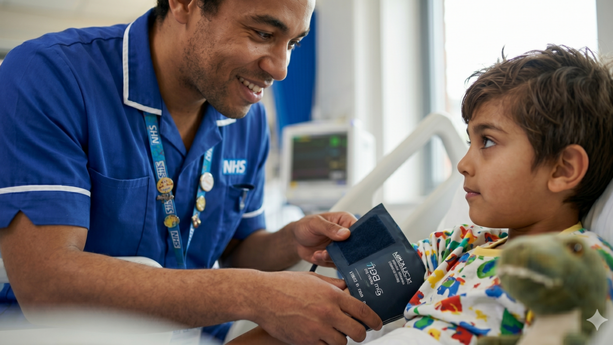 Male nurse talking to child patient